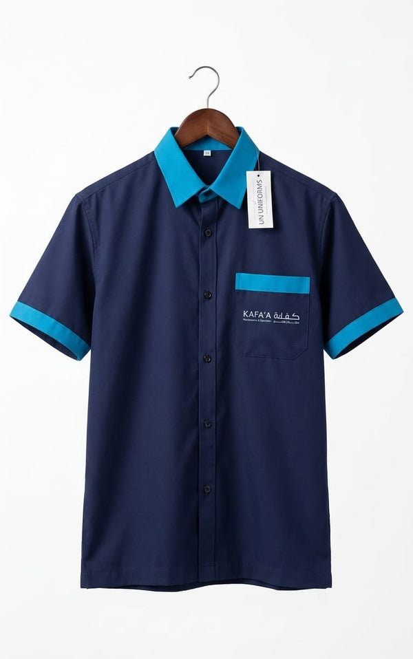 Navy blue technician uniform with aqua piping